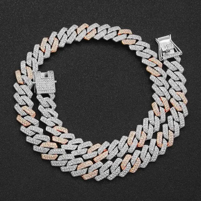 Iced Out Square Miami Cuban Link Chain Necklace For Men Women Micro Paved CZ Stone Rose Gold Color Hiphop Jewelry 16”