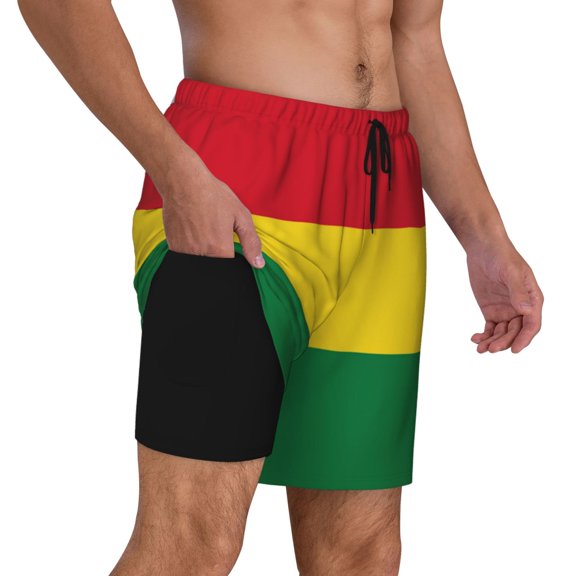 Men's 2 in 1 Swim Trunks with Compression Liner Reggae Rasta Flag Quick Dry Beach Shorts