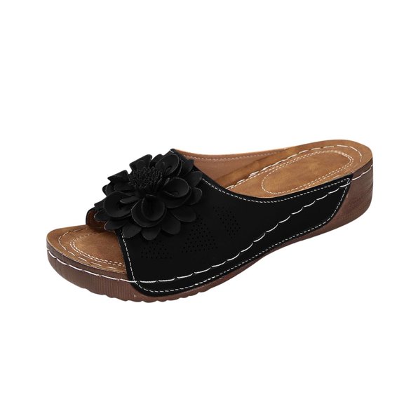 Gpaecead Women Flower Cutout Wedge Slides Open Toe Faux Leather Wood Texture Heel Spring Summer Height Casual Shoes,Black