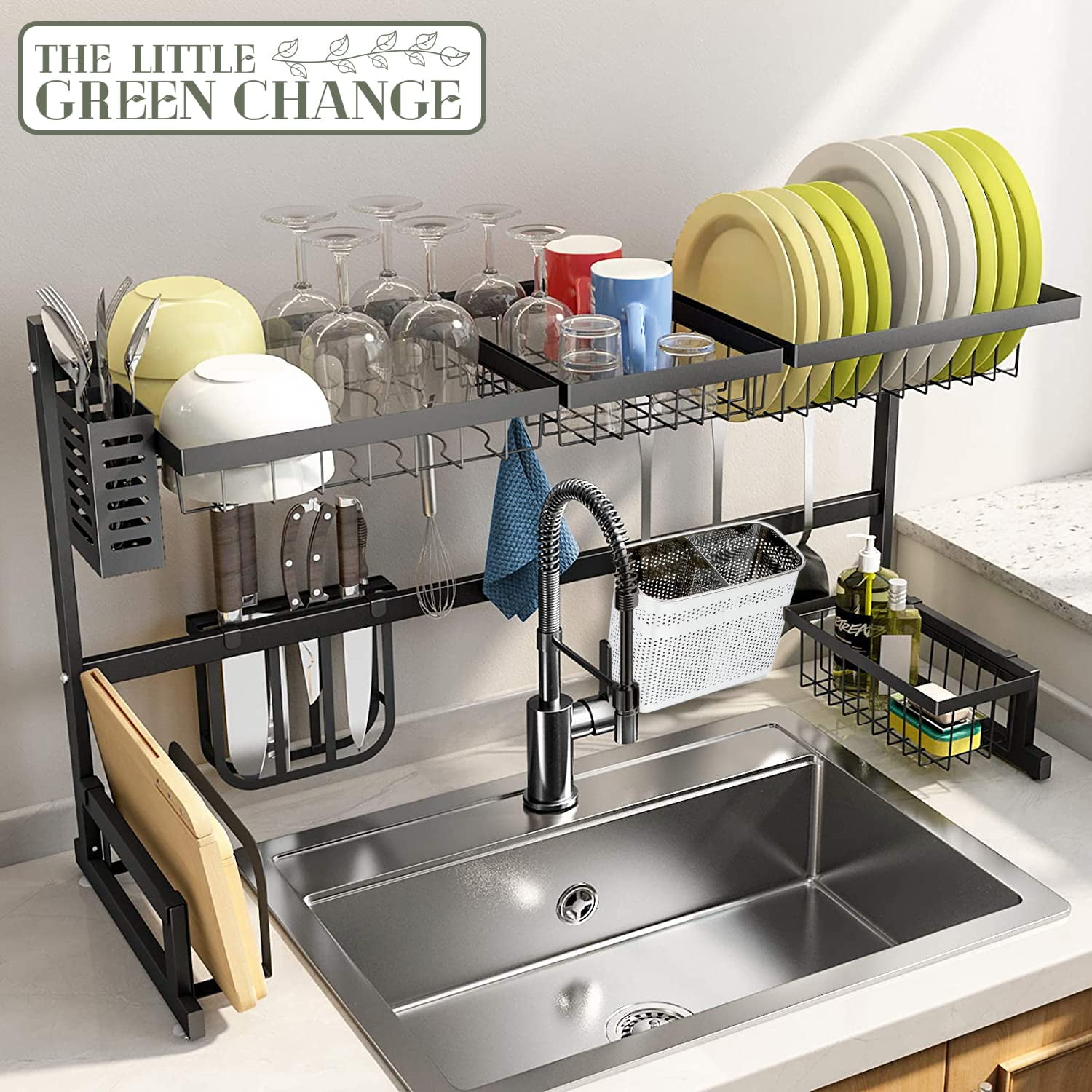 Kitchen Utensils Chopsticks Holder Drying Rack Basket With Hooks 2 Divided Compartments Quality Stainless Steel Large L5.4 X H4.3 W2.6
