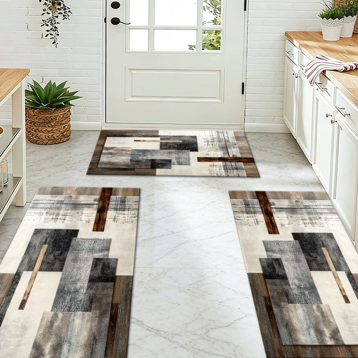 3-Piece Farmhouse Kitchen Rug Set, Washable Anti Slip Striped Floor Mats in 3 Sizes, Stain Resistant Decor Rugs for Kitchen Hallway Bathroom Home Christmas Decor