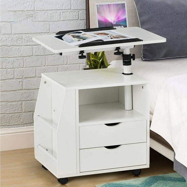 Erommy Bedside Table Height Adjustable, White Nightstand Wooden Top