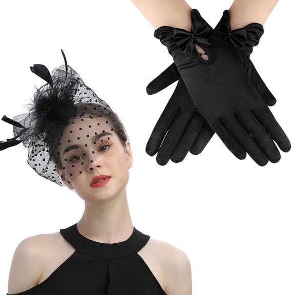 Kabuer Fascinator Hat Set for Women, Funeral Veil Hat, Cocktail Tea Party Headpiece, and Lace Glove