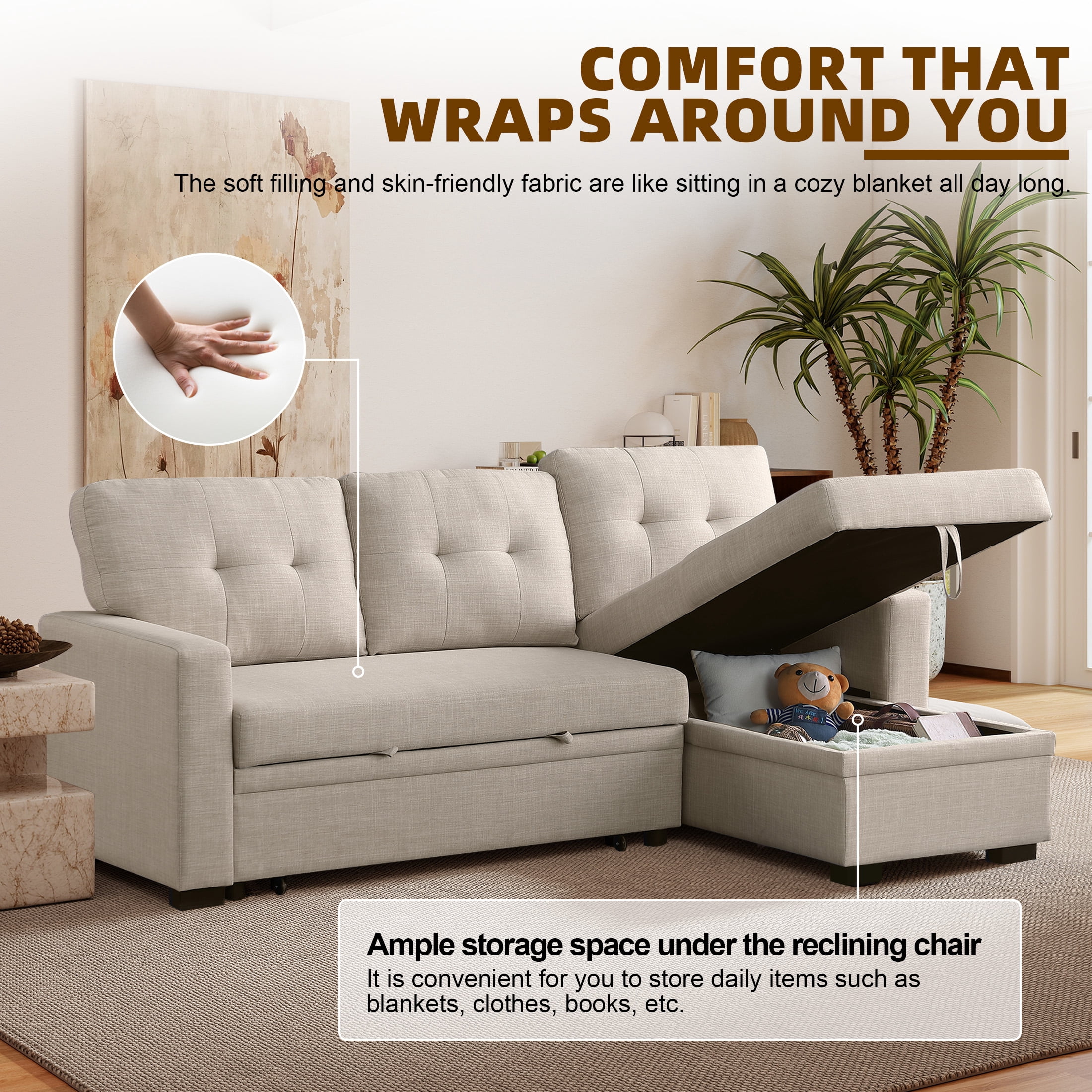 Aukfa Premium Pull-Out Sleeper Sofa Bed with Storage Chaise, Contemporary 3-Seater Couch for Living Room, Beige