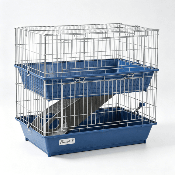 2-Level Indoor Small Animal Cage with Ramp, Food Dish, and Water Bottle for Guinea Pigs, Ferrets, Chinchillas, Blue