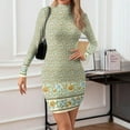 thumbnail image 3 of Women's High-Neck Casual Long Sleeve Floral Printed Slim-Fit Dress for Spring and Autumn Outings,Mint Green,2XL, 3 of 6