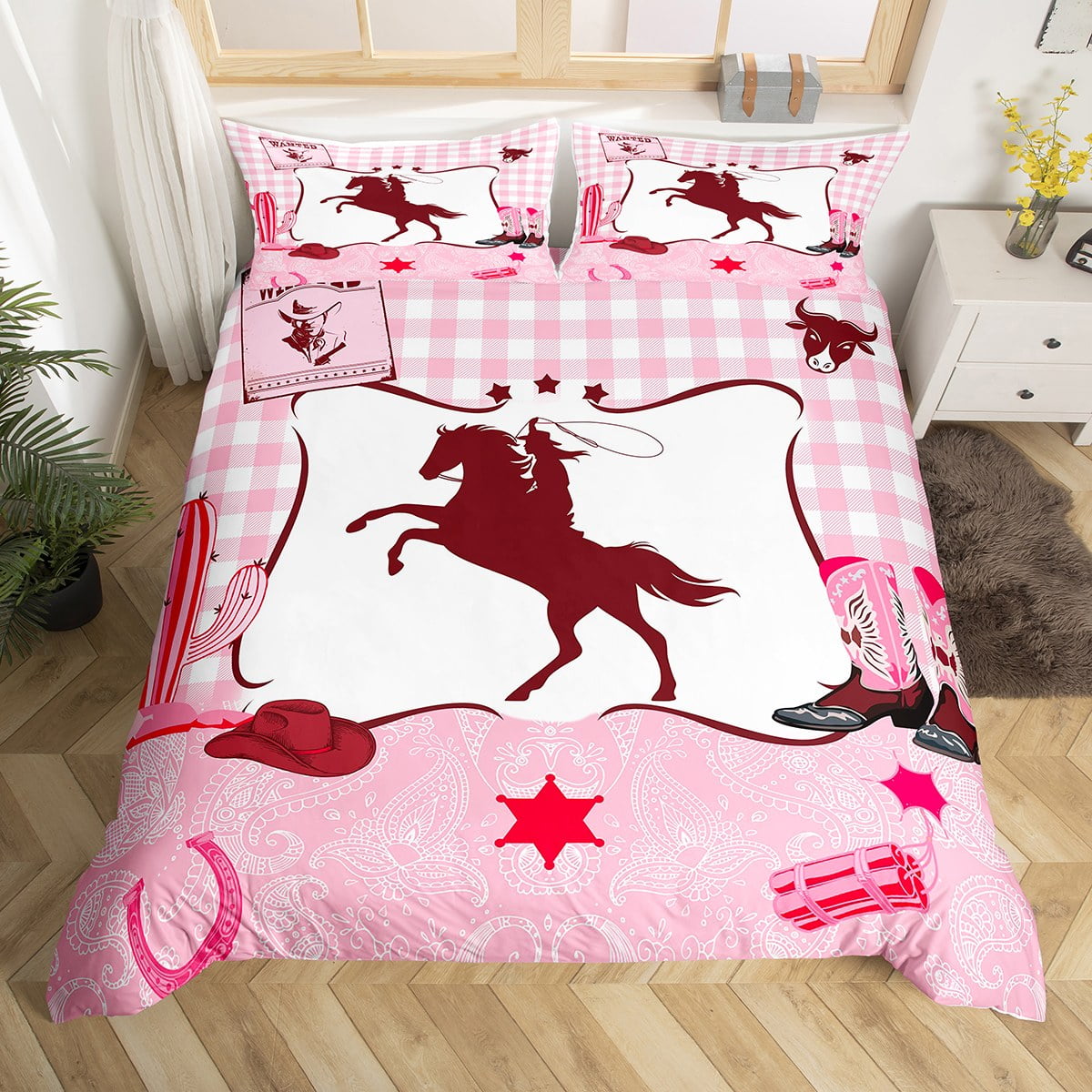 YST Pink Cowgirl Full Bedding Sets For Girls Kids Western Horse Bedding
