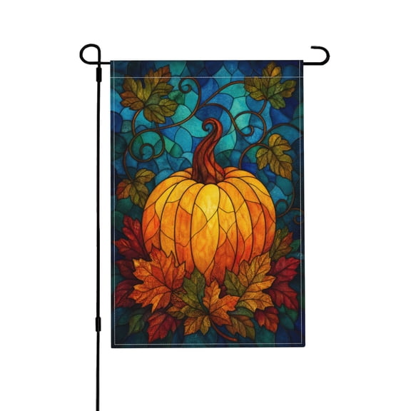Autumn Leaves & Pumpkin Garden Flag, Vibrant Stained Style, 12x18 Inch