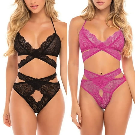 

YDKZYMD Women s stain Lingerie 2 pieces Sheer Babydoll Sets with v neck Sexy Trim Bra and Panty Teddy Bodysuit