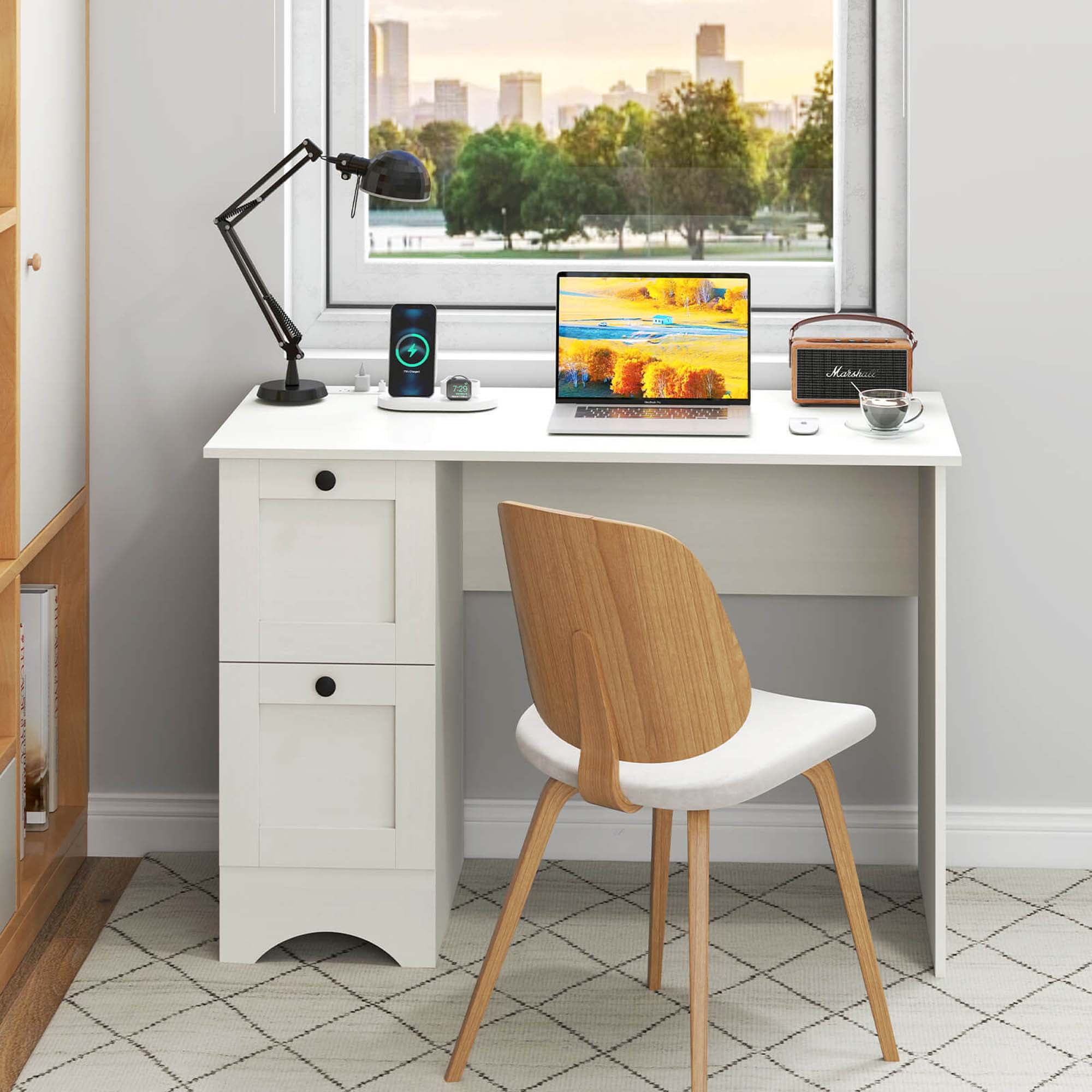 Costway 43" Home Office Desk Compact Study Writing Desk with 2 Drawers Charging Station