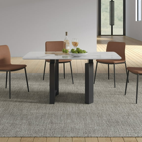 70 Inch Modern Rectangular Dining Table, Snow-white Slate Dining Table with Double Stainless Steel Pedestal for Kitching Dining Room