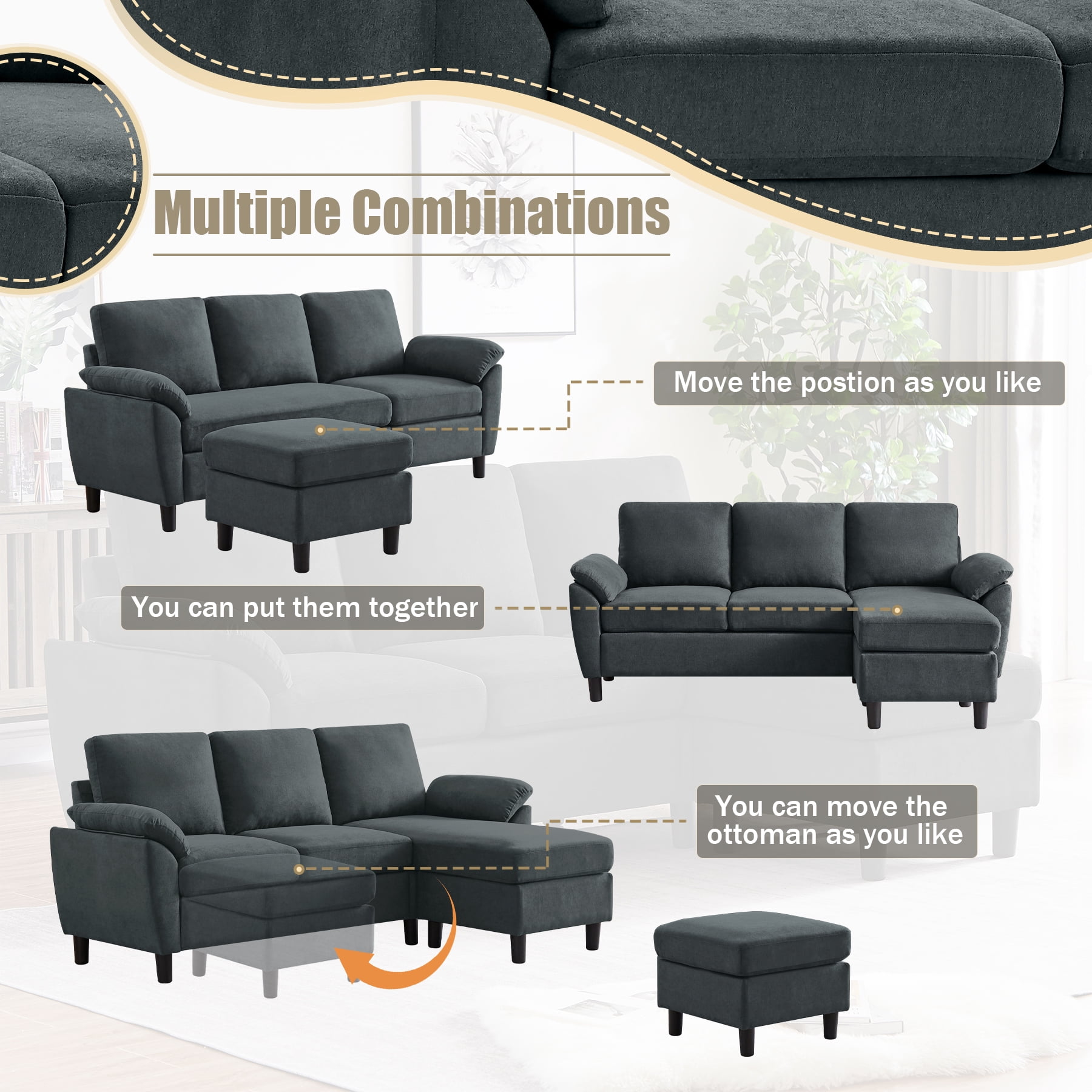 Jarenie 80" Convertible Sectional Sofa, Small L Shaped 3 Seat Couch with Reversible Storage Chaise, Modern Polyester Fabric Sofa Couches for Living Room, Apartment and Small Space, Darkgrey