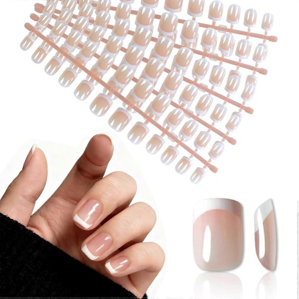 Set de uñas postizas cortas nude estilo francés, uñas naturales cuadradas redondeadas, puntas de manicura reutilizables.