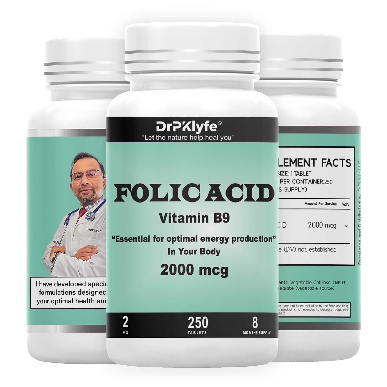 DrPKLyfe's Folic Acid Capsules for Energy and Optimal Metabolism-8 months supply