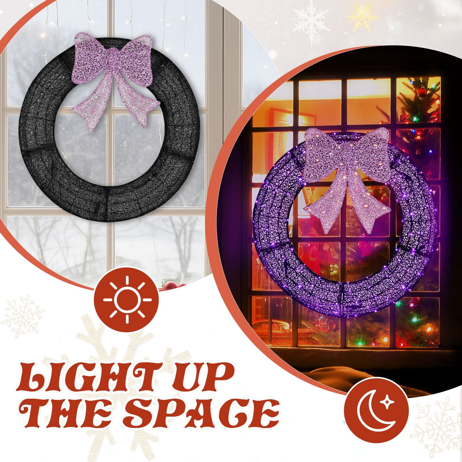 36in Pre-lit Outdoor Christmas Wreath Decoration, Lighted Metal Wreath with Purple Bow, Remote Control LED Lights with Timer, for Front Door Gate Wall Indoor Outdoor Holiday Party