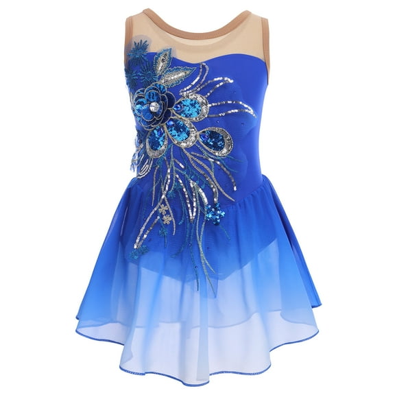 IBTOM CASTLE Sleeveless Sequin Flower Mesh Ballet Leotards Dress (Girl's 9-10 Years)