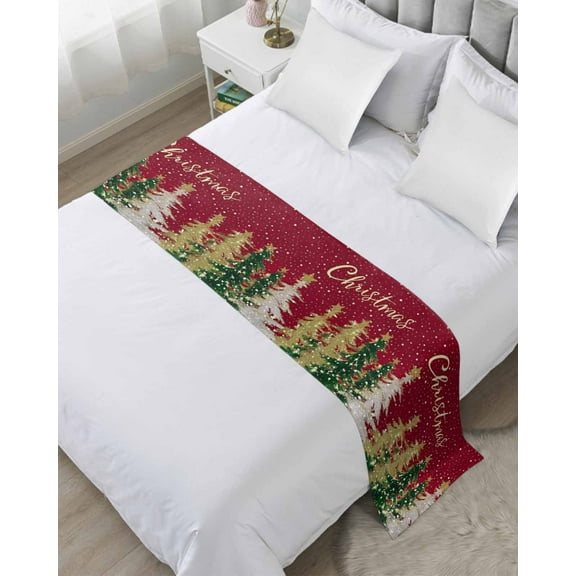 Christmas Red Bed Runner for Twin Size Bed, Golden-yellow Green Xmas Tree White Snowflake Bedspread Protector Slipcover Bed Scarf for Foot Bed Runners & Scarves for Bedroom Hotel 71x20 Inches