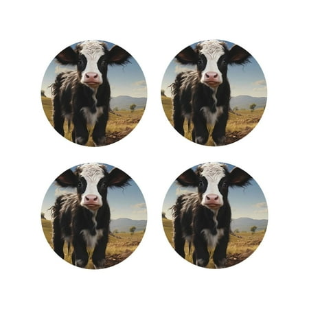 

Fuzoiu Cute Prairie Cow Print Leather Coasters Set Drink Coasters Set of 4 for Tabletop Protection Durable PVC Coasters Home Décor and Housewarming Gift-Round Shape