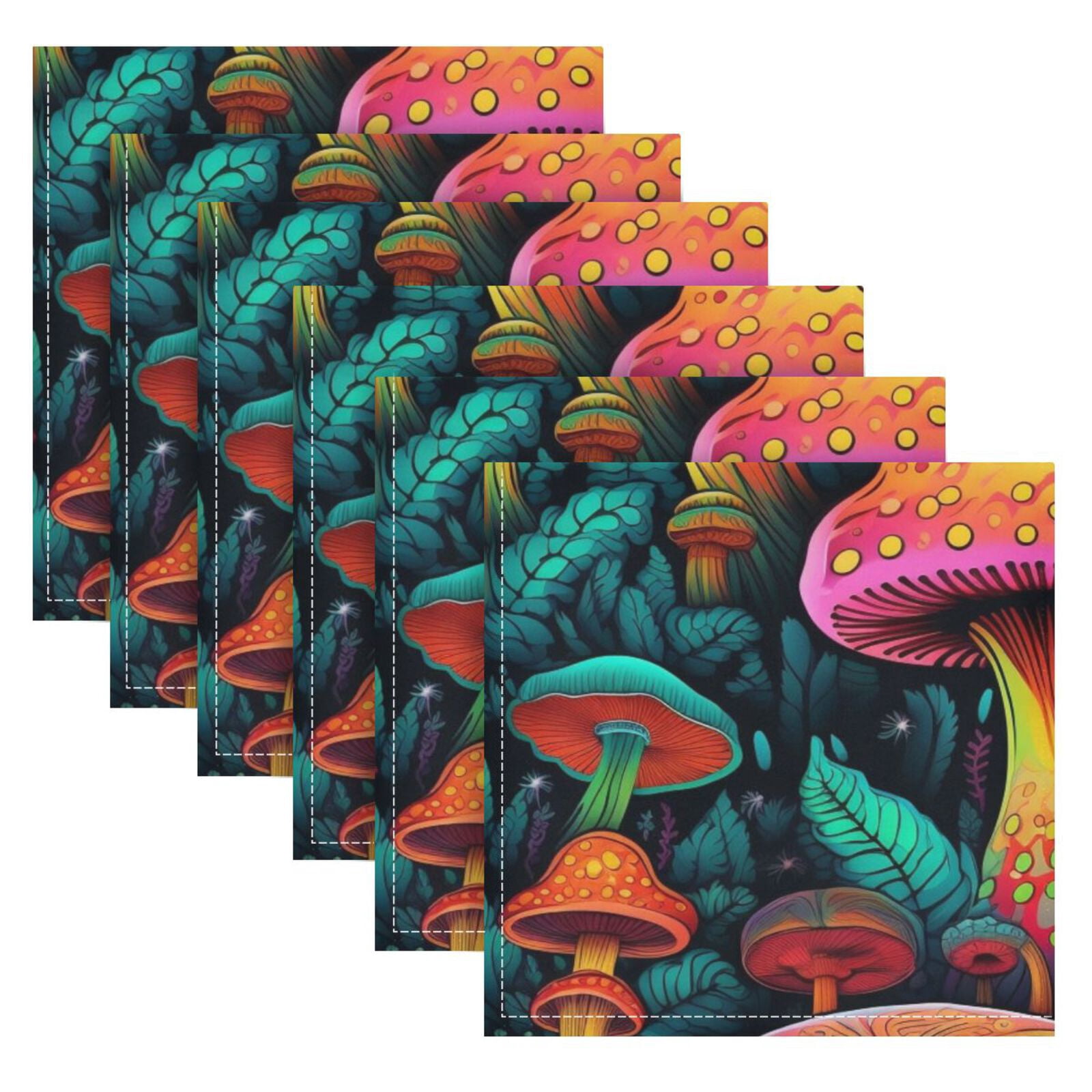 JSTEL Neon Mushroom Cloth Napkins Set of 6, 20x20 Inch Washable and Reusable Napkin for Decoupage Dinner Party Everyday Use