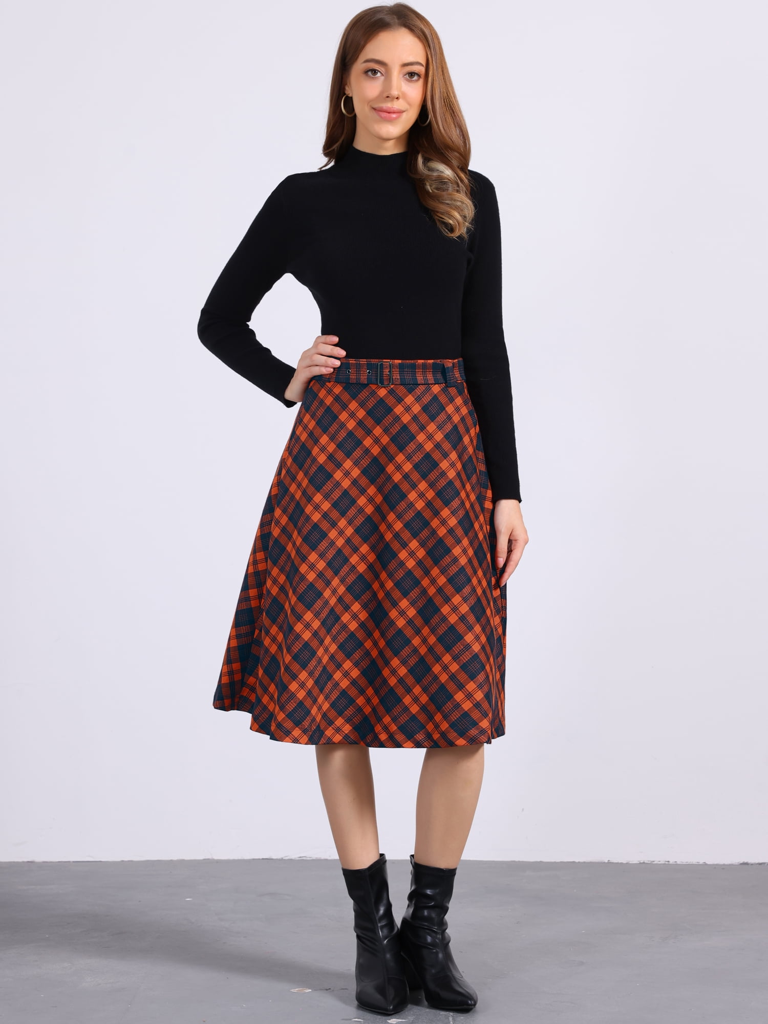 DARING DIVA Women's Plaid Tartan High Waist Belted A-Line Midi Skirt XL Orange Brown