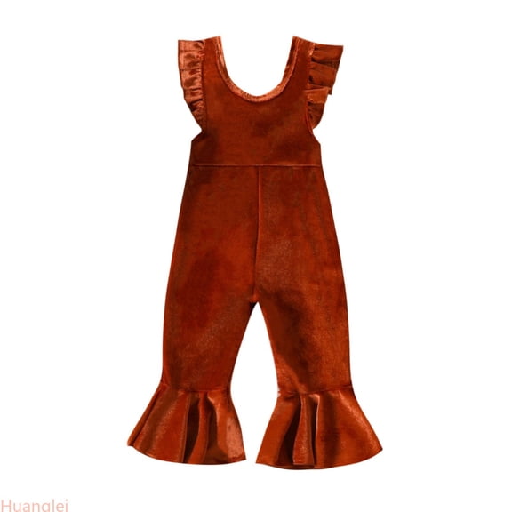 Huanglei Toddler Girls Ruffles Fly Sleeve Solid Romper Bell Bottoms Flare Jumpsuit ,6-12 Months ,Multicolor