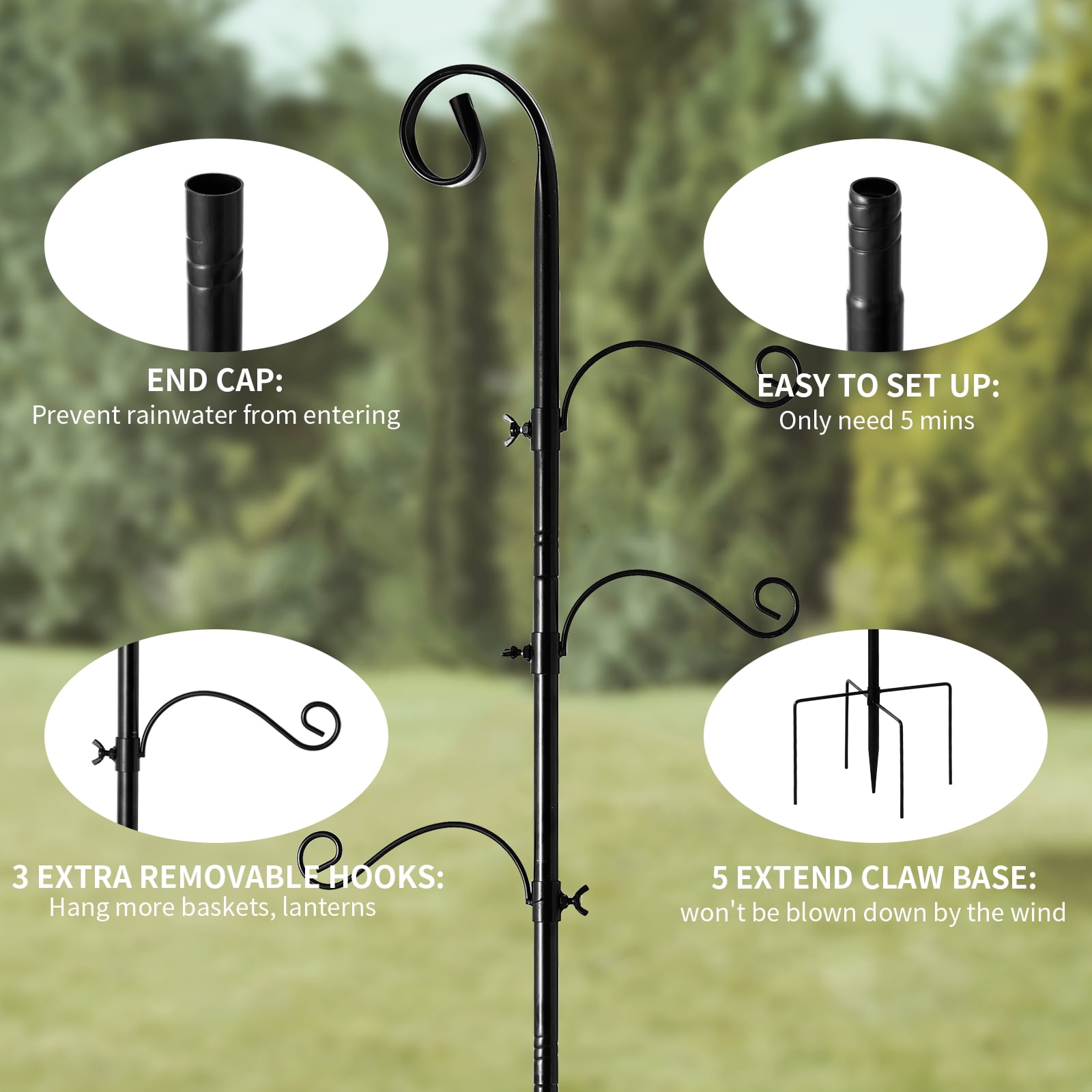92 Inch Shepherds Hooks for Outdoor, Bird Feeder Poles with 4 Hooks, Shepherds Hook for Bird Feeders Outside with Base, Garden Pole for Hanging Plant Baskets, Weddings Decor