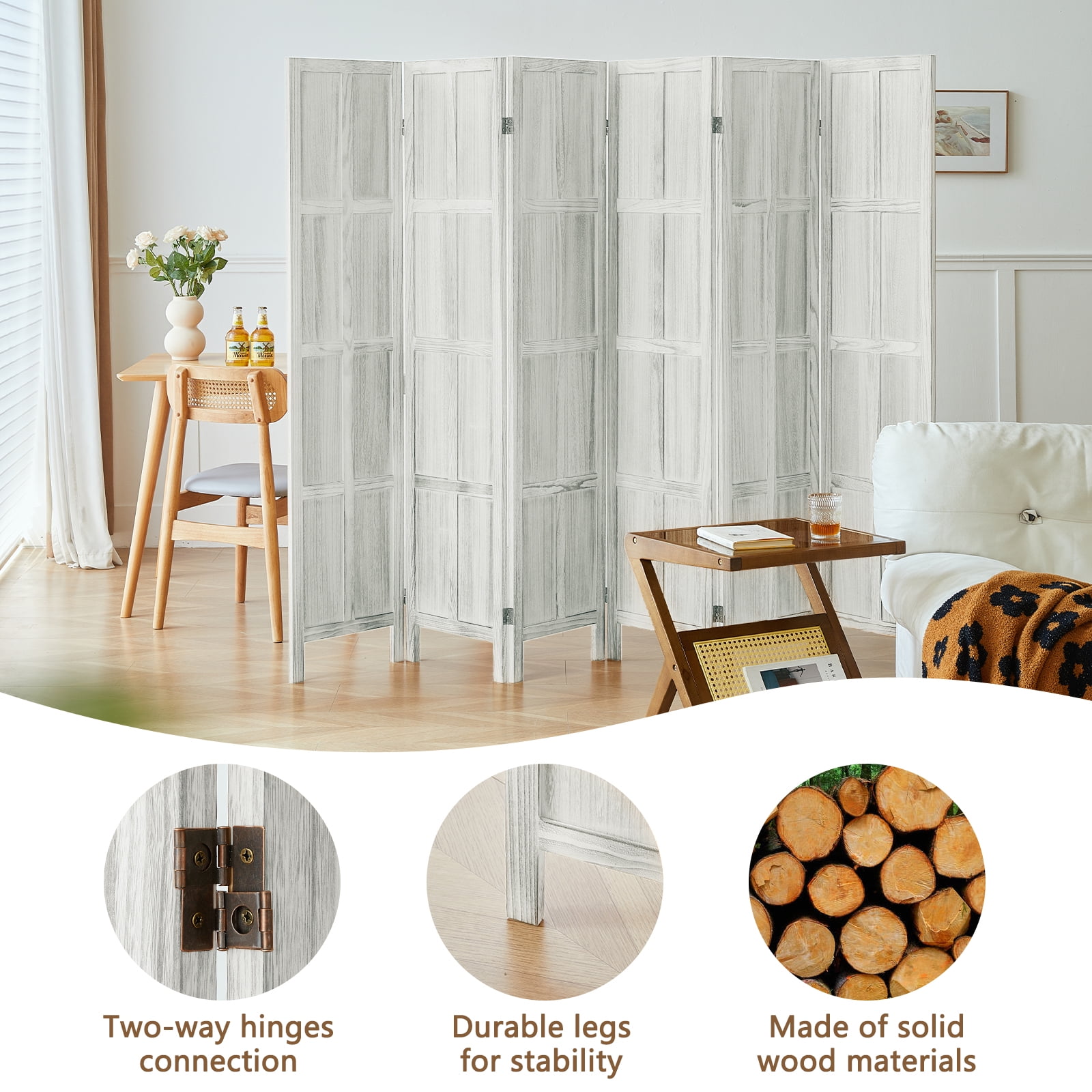 Aletheiawu 6 Panel Room Divider Wall and Folding Privacy Screens, No Installation Required, White