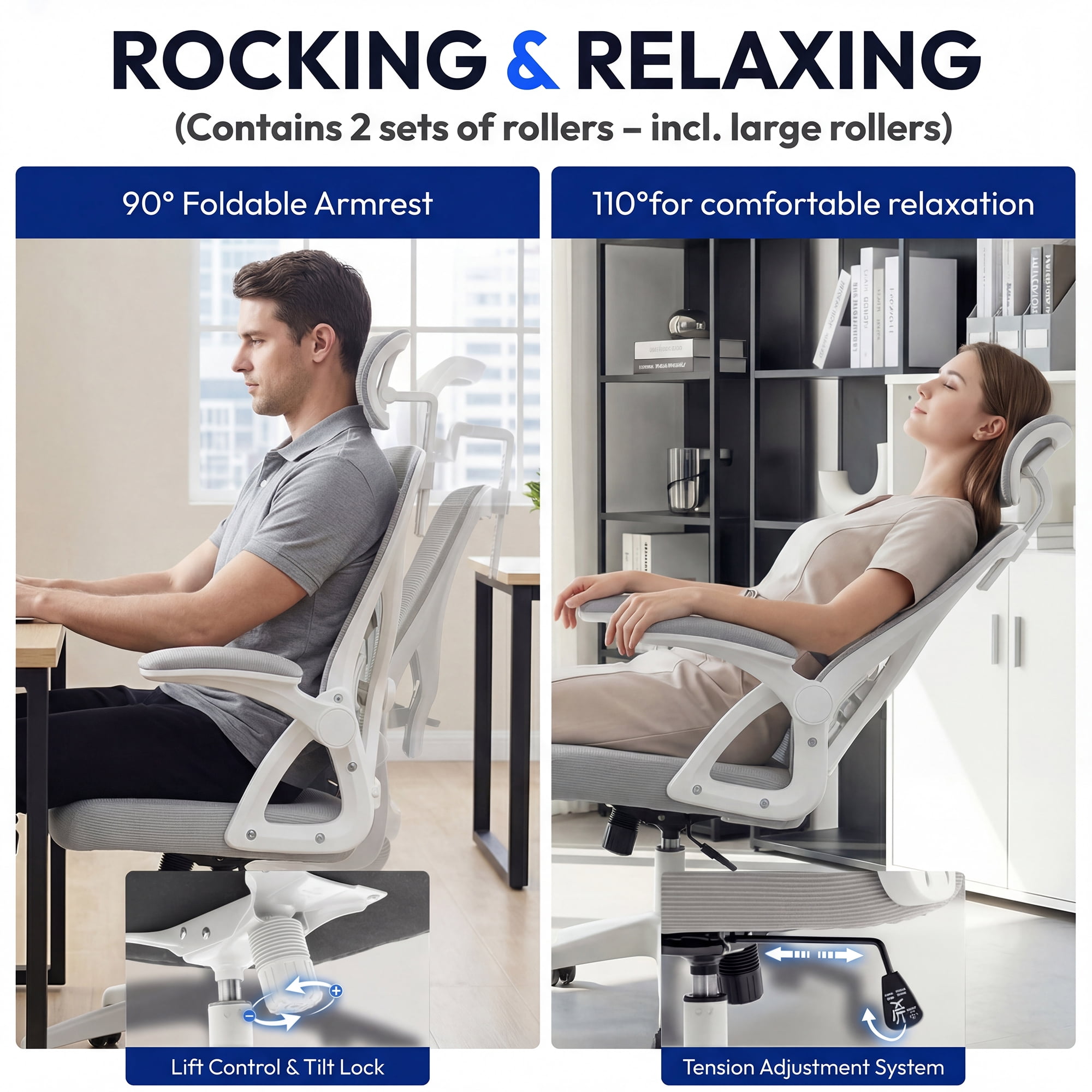 Ultifit Adult Farbic Adjustable Headrests and Adjustable Armrests Ergonomic Office Chairs Gray 300lbs