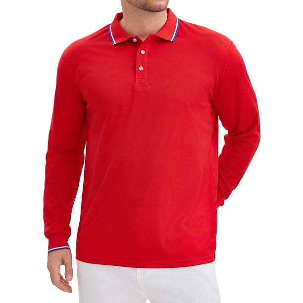 Camisa polo de golf de negocios de manga larga de ajuste regular para hombres, color sólido, roja