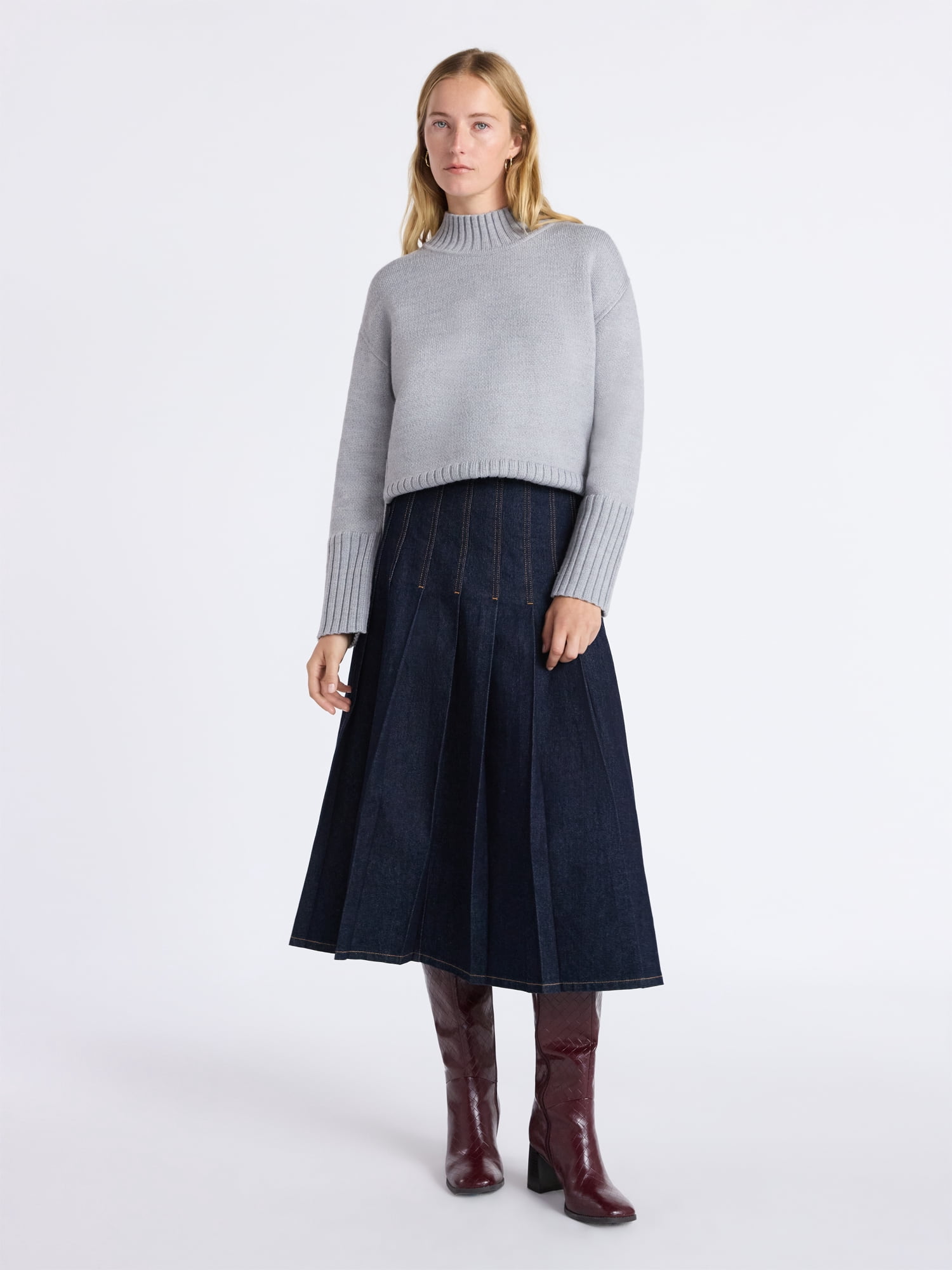 Free Assembly Women's Mock Neck Pullover Sweater with Tall Cuffs, Midweight, Sizes XS-XXL