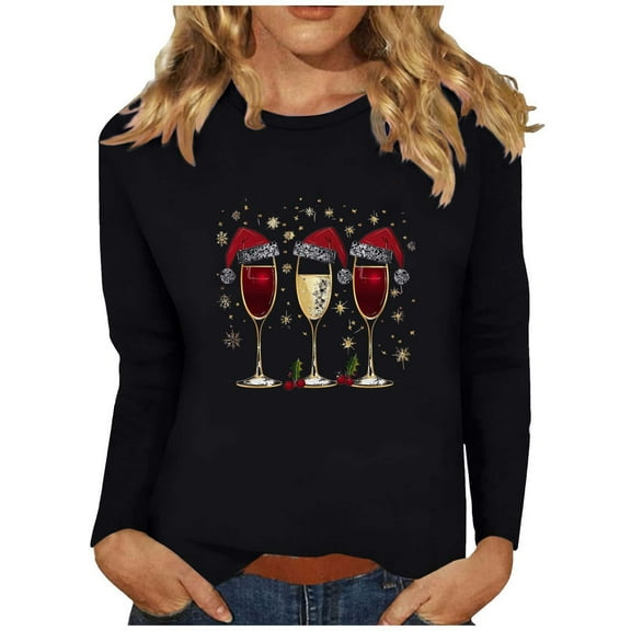 Christmas Tshirts Women Wine Glass Print Long Sleeve Shirt Festive Christmas Crew Neck Blouse Holiday Party Top Fall Clothes My Items