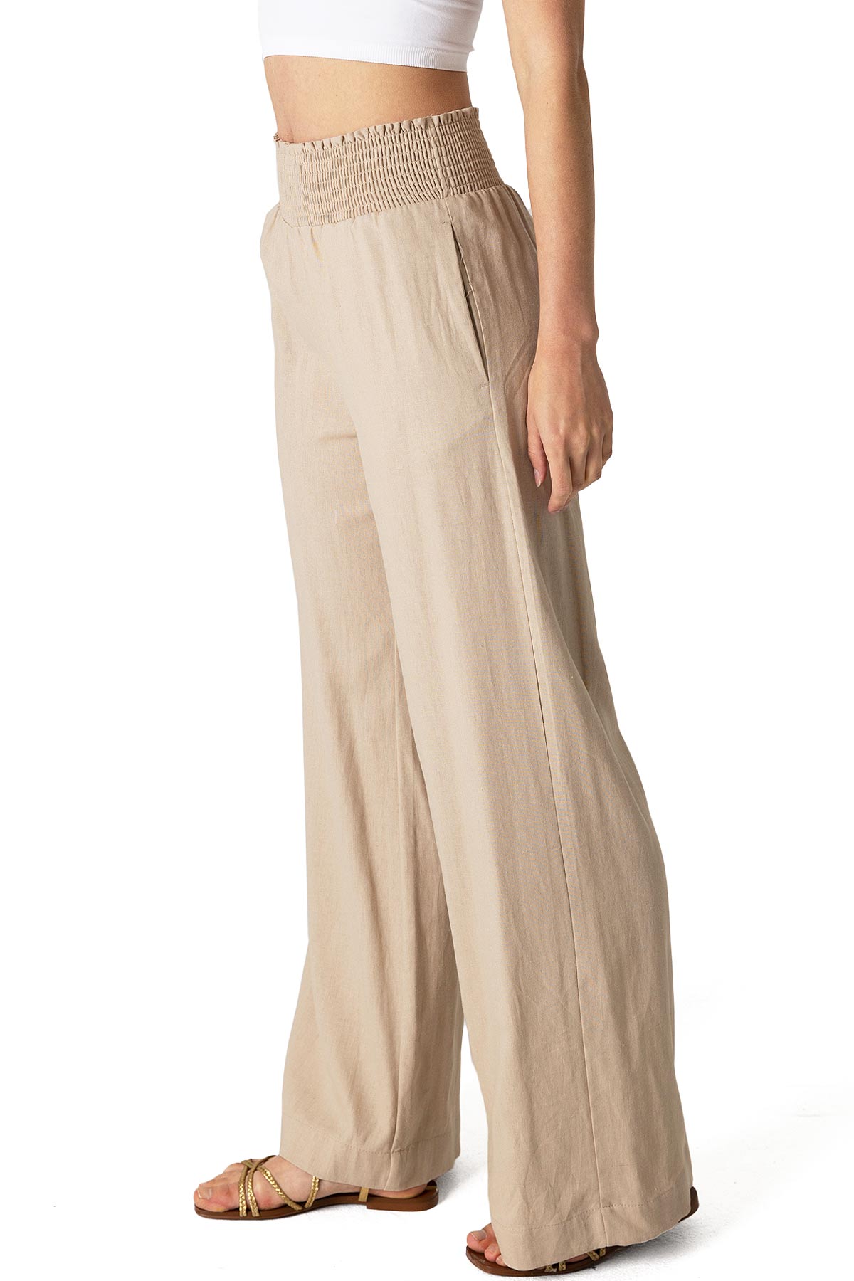 Love Tree Womens Smocked Waist Wide-Leg Linen Pants (Khaki, Medium 