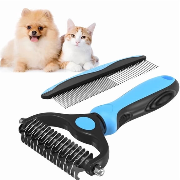 [2-Pack] Pet Dematting Tool for Mats & Tangles! Double Sided Dog & Cat Grooming Brush, Painless Undercoat Rake & Comb for Shedding Hair Removal