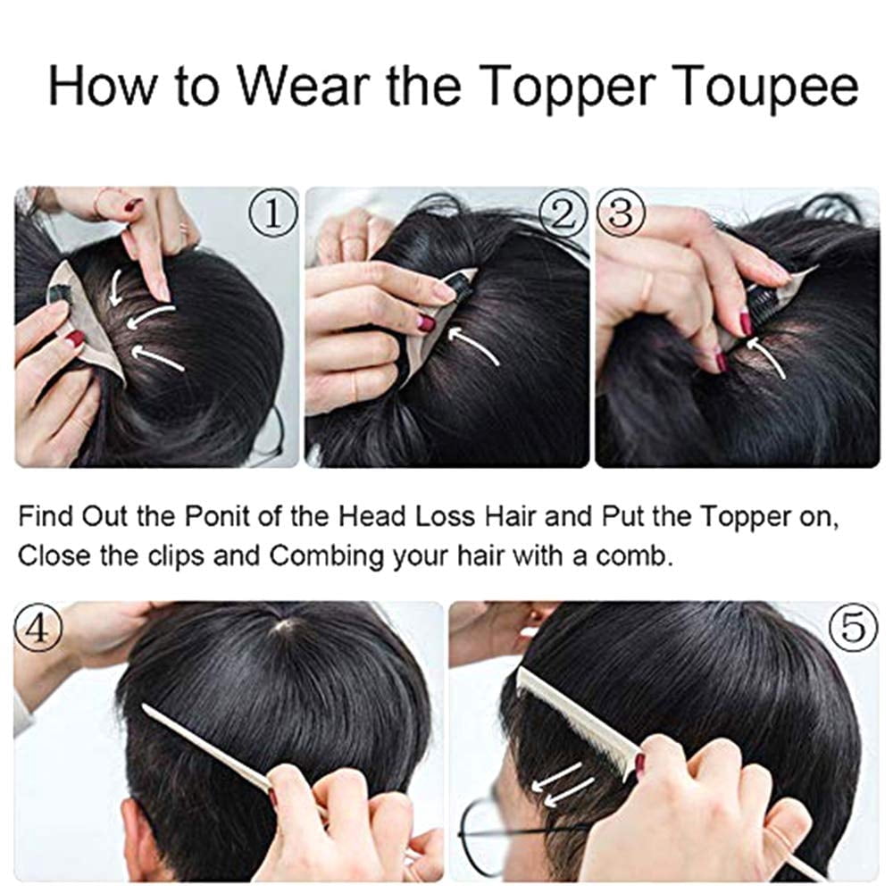 Men Hair Tropper, Natural Black Short Men Topper Wig Real Human Hair Toupee Clip for Male Guy Daily Wear