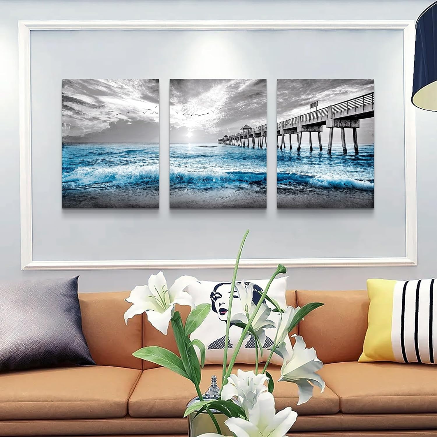 Black And White Beach Wall Paintings Wall Decorations For Living Room Canvas Wall Art For Bedroom Office Wall Decor Blue Ocean Sea Wave Pictures Prints Artwork Modern Home Decor 3 Piece