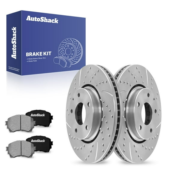 AutoShack 11.69" (297 mm) Front Vented Drilled & Slotted Brake Rotors Coated   Ceramic Brake Pads | Replacement for 2019-2021 Mazda 6 | Silver Zinc Coated | 6-PC Brake Kit | SilverShield Pro