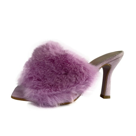 

autumn winter shoes Women Fashion Summer Furry One-Line Thick Heels Sexy High-Heeled Slippers