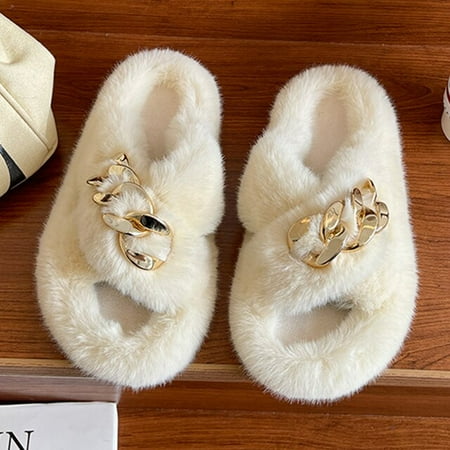 

PIKADINGNIS Winter House Women Fur Slippers Fashion Cross Band Warm Plush Ladies Fluffy Shoes Cozy Open Toe Indoor Fuzzy Slides For Girls