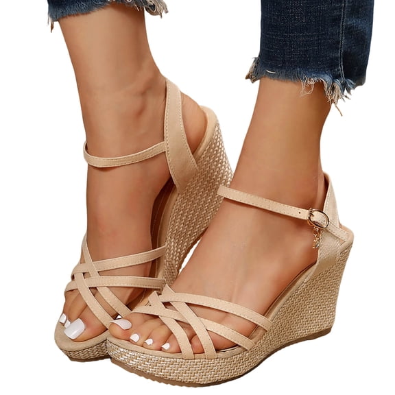 Rokment Women's Wedges Dressy Sandals 2026 Summer Fashion Casual Glitter Rhinestones Charms Espadrilles Platform Chunky High Heels Dress Sandal for Bride Wedding Ladies Beige Size 6.5