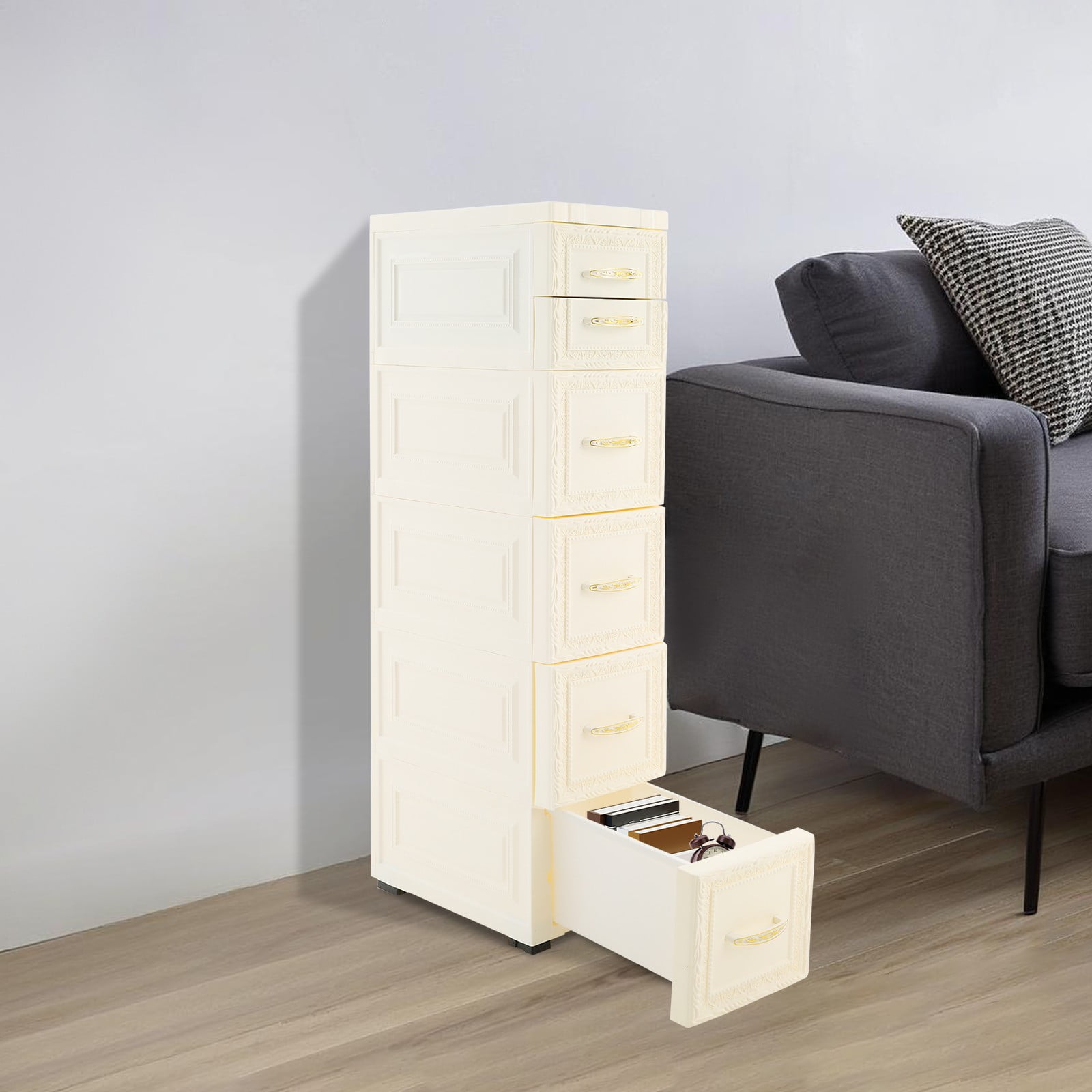 5 Tiers White PP Narrow Storage Organizer 6 Drawers Slim Bathroom Storage Cabinet for Bedroom, Bathroom