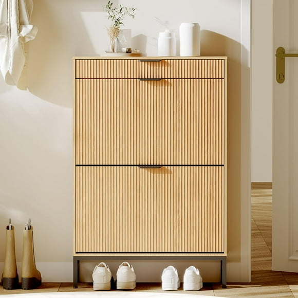 Shoe Storage Cabinet with 2 Flip Drawers &1 Small Drawer, Slim Entryway Shoe Organizer with Metal Leg, Shoe Rack for Hallway