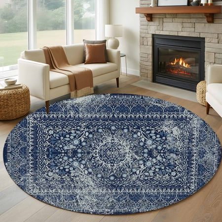 Dark Blue 6FT Round Area Rugs for Living Room Medieval Ethnic Turkish Retro Ultra-Thin Non-Slip Round Rugs Machine Washable Low Pile Circle Carpet for Bedroom Kitchen Nursery