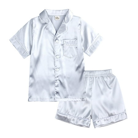

Godderr Kids Baby Girl Boys Stain Pajamas Outfits Short-Sleeved V-Neck Pockets 2PCS Toddler Silk Pajamas Summer for 1-13 Years Old