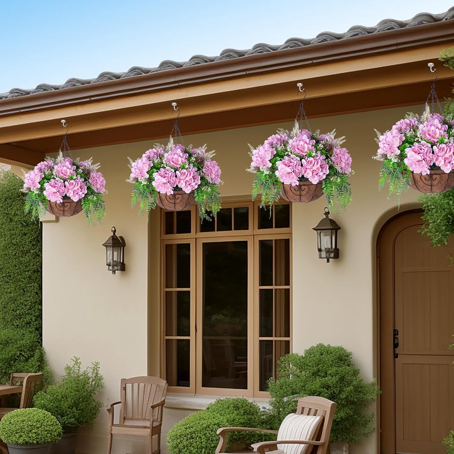 Artificial Flowers in Hanging Basket Planter for Home Spring Decoration, Silk Hydrangea Outdoor Indoor Arrangements, 12" Metal Coconut Lining Basket with Faux Plant(Champagne)