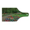 thumbnail image 2 of Garden Cutting Board, Spring Garden with Forest Hut Small Bridge Plants Flowerbedsnd Walkway, Decorative Tempered Glass Cutting and Serving Board, Wine Bottle Shape, Green and Purple, by Ambesonne, 2 of 5