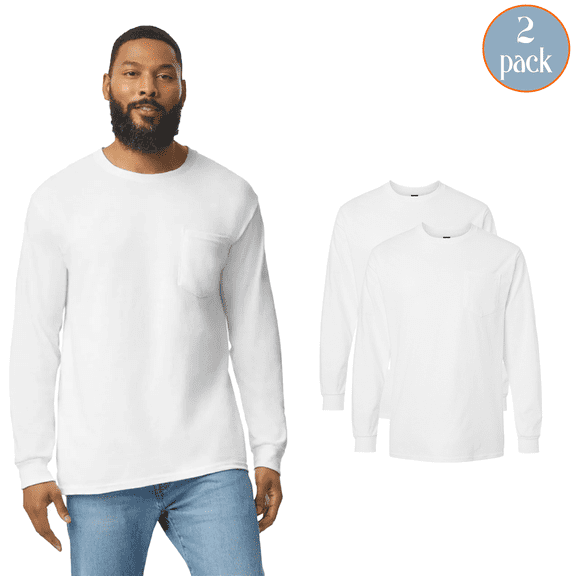 Gildan Men’s Ultra Cotton Long Sleeve Pocket T-Shirt, Durable Soft Cotton, 2-Pack, White, S