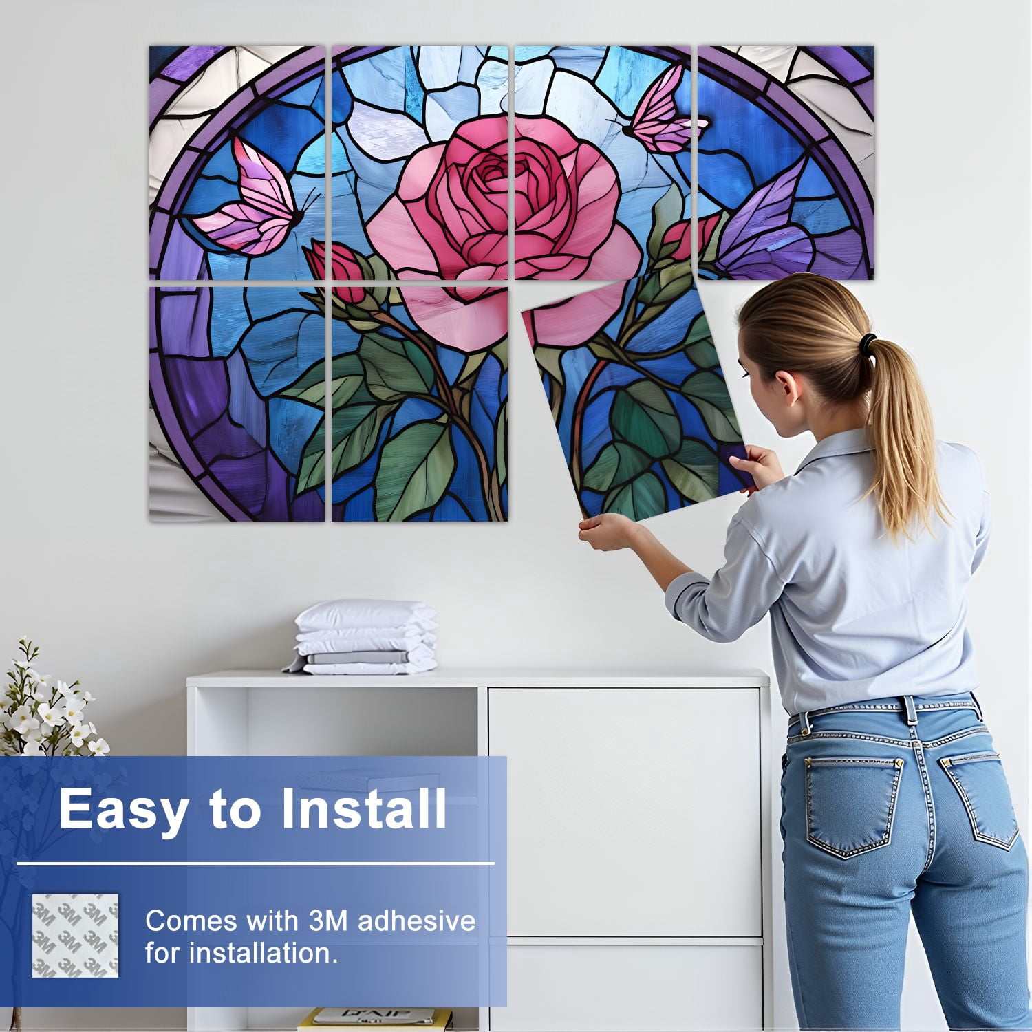 Stained Glass Style 8 Pack Art Acoustic Panels Sound Absorbing Rose Butterflies Vibrant Decorative Soundproof Wall Panels Self Adhesive for Nursery Game Room Bedroom 48"x32"