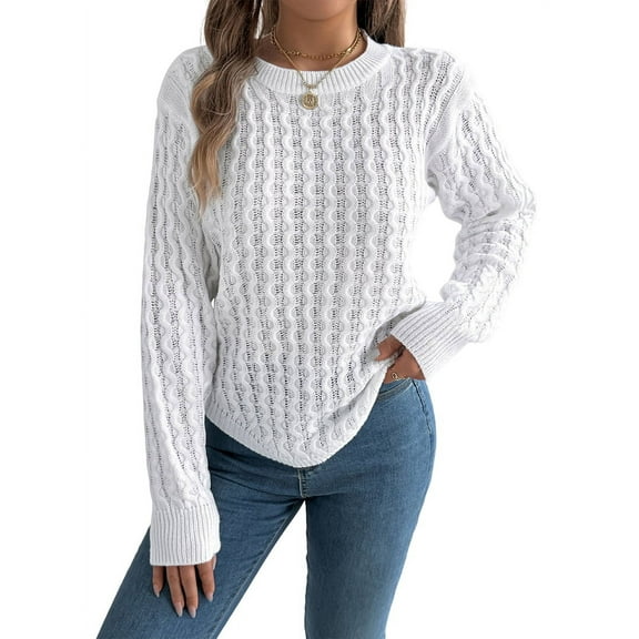Women'S Crew Neck Solid Color Sweater Casual Warm Pullover Long Lantern Sleeve Tops White S