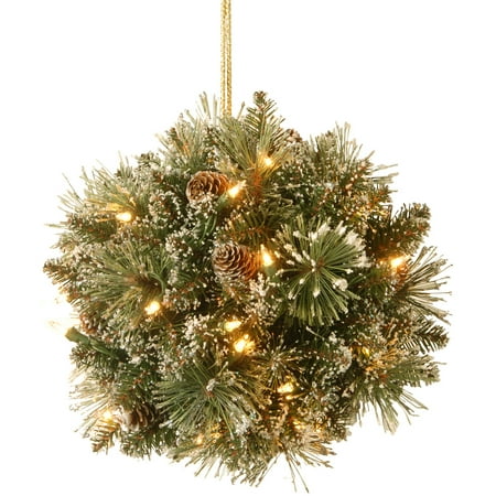 National Tree 12" Glittery Bristle Pine Kissing Ball with Pine Cones and 35 Warm White LED Battery Operated Lights with Timer