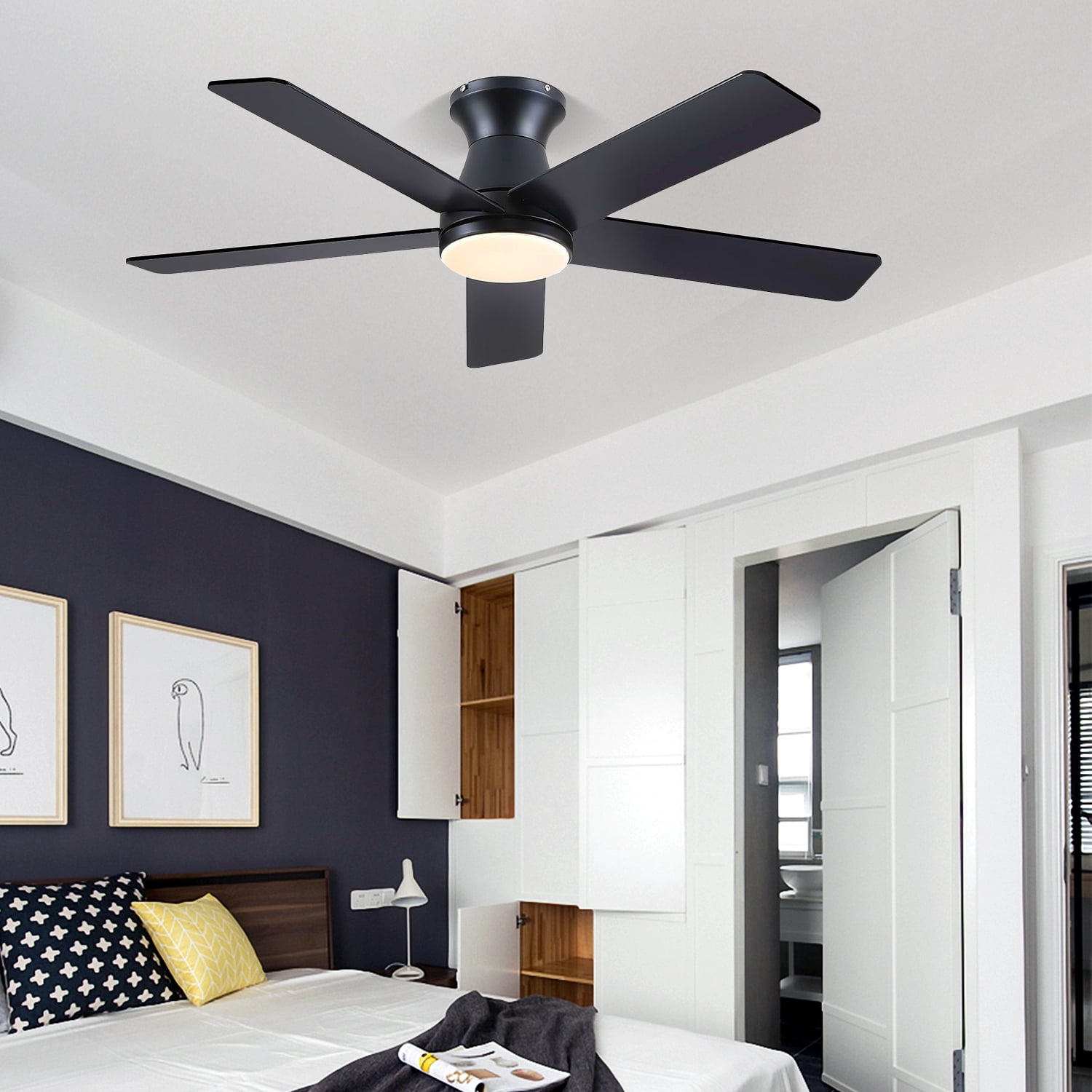 YIOSI 46" Black Low Profile Ceiling Fan with LED Lights, Quiet DC Motor, Remote Control, Reversible Modern Flush Mount Fan for Living Room, Kitchen, Bedroom, Patio - Indoor/Outdoor